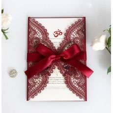 Wine Red Invitation Laser Wedding Invitation Card With Ribbon Bow
